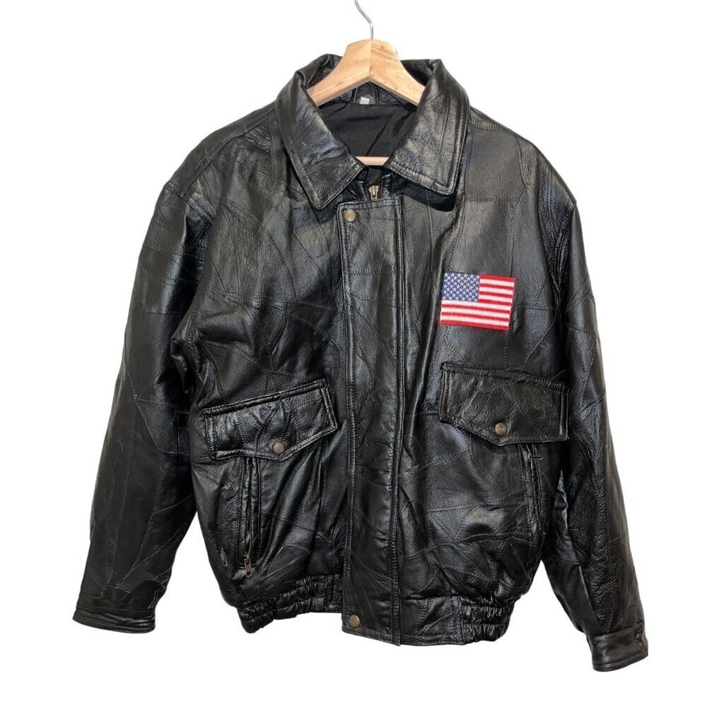 Vtg Mens Black Leather Bomber Jacket With American Flag Patch Size SMALL